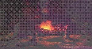 howl's moving castle screenhshot of calicfer with rgb dithering effect