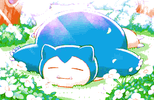 snorlax pokemon sleeping in a flower field, the image has been dithered to appear more pixellated